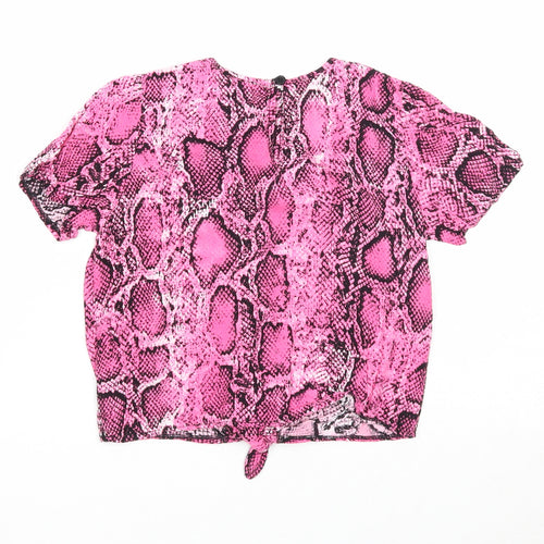 F&F Girls Pink Animal Print Viscose Basic T-Shirt Size 6-7 Years Round Neck Button - Snake Print Knot Front