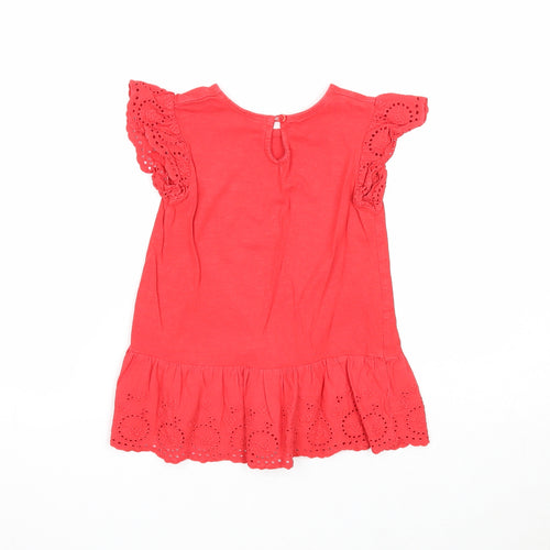Preworn Girls Red Cotton A-Line Size 2-3 Years Round Neck Button - Broderie Anglaise