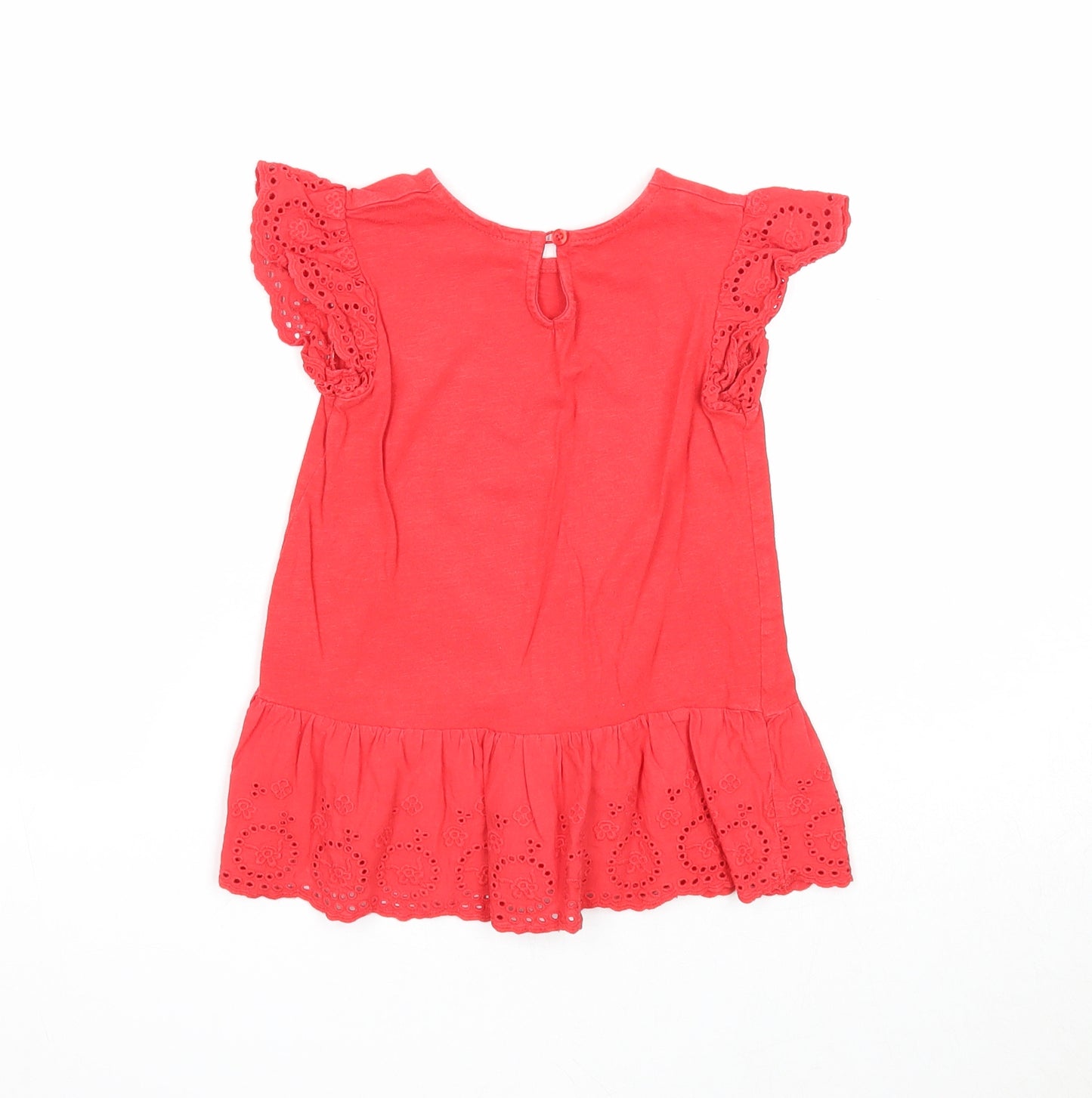 Preworn Girls Red Cotton A-Line Size 2-3 Years Round Neck Button - Broderie Anglaise