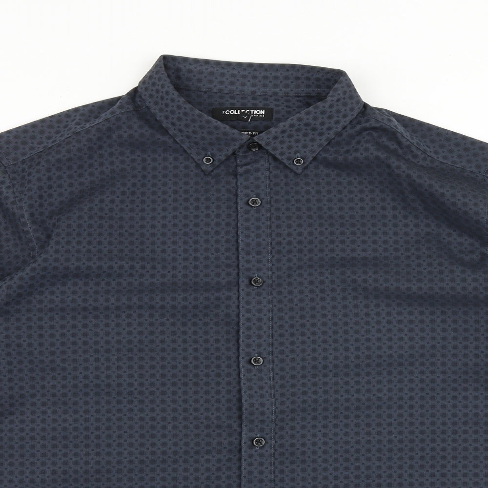 Debenhams Mens Blue Geometric Cotton Button-Up Size L Collared Button