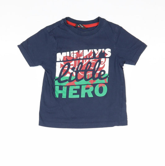 George Boys Blue 100% Cotton Pullover T-Shirt Size 2-3 Years Round Neck Pullover - Welsh Dragon