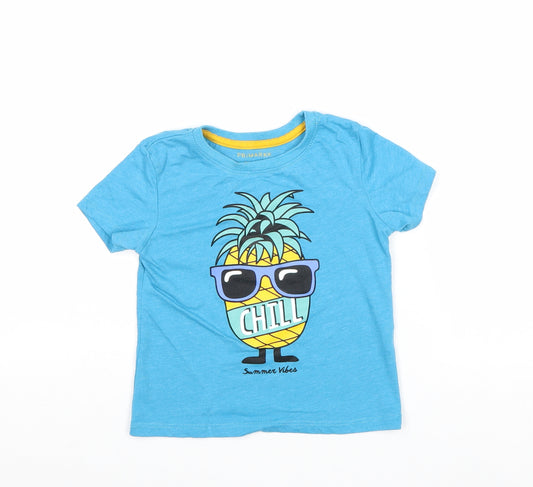 Primark Boys Blue Cotton Basic T-Shirt Size 2-3 Years Crew Neck Pullover - Pineapple