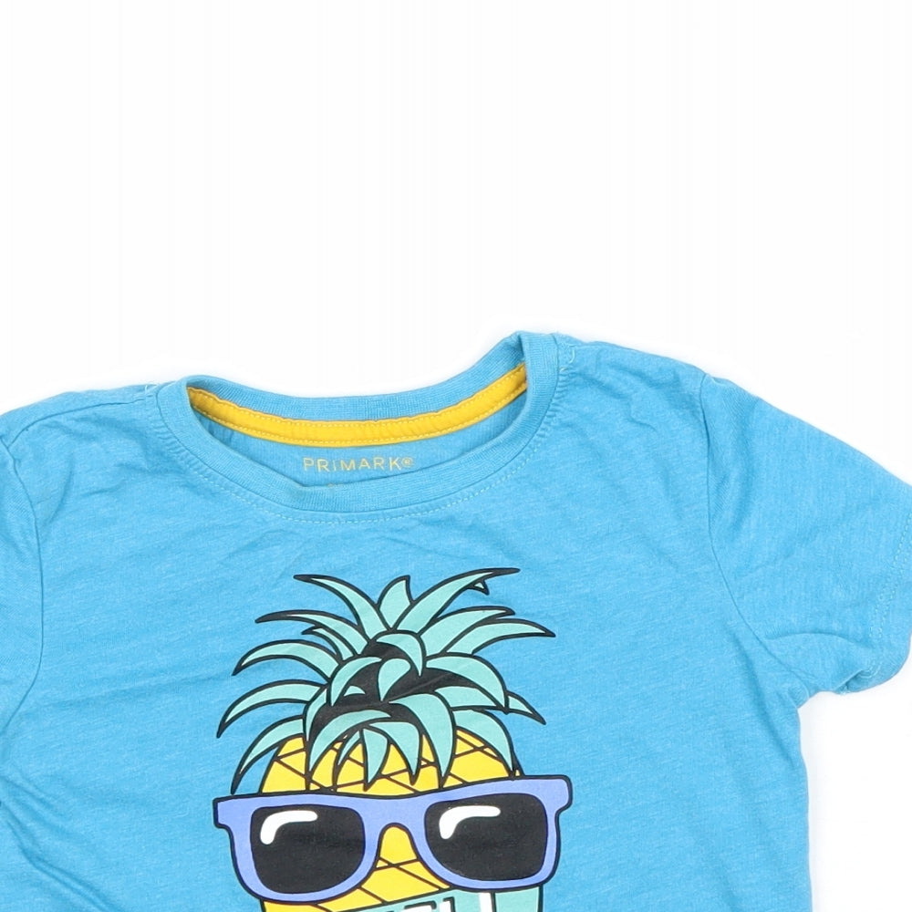 Primark Boys Blue Cotton Basic T-Shirt Size 2-3 Years Crew Neck Pullover - Pineapple
