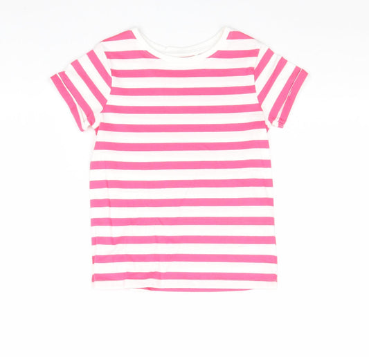 NEXT Girls Pink Striped 100% Cotton Basic T-Shirt Size 7 Years Round Neck Pullover