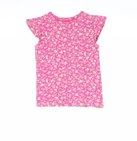 Preworn Girls Pink Floral 100% Cotton Basic T-Shirt Size 6 Years Round Neck Pullover