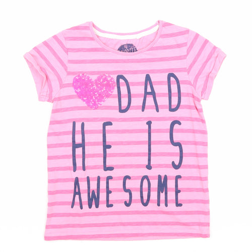 NEXT Girls Pink Striped 100% Cotton Basic T-Shirt Size 9 Years Round Neck Pullover - Dad He Is Awesome