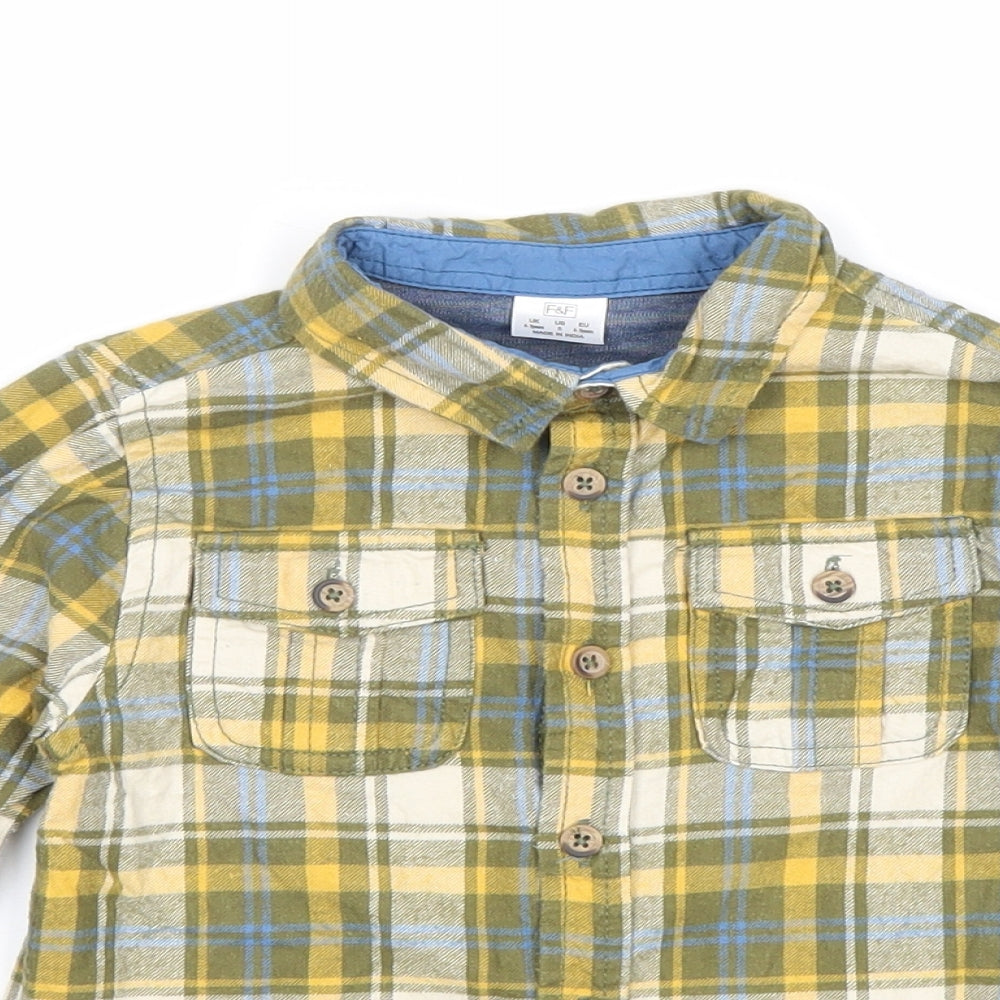 F&F Boys Yellow Plaid 100% Cotton Basic Button-Up Size 4-5 Years Collared Button
