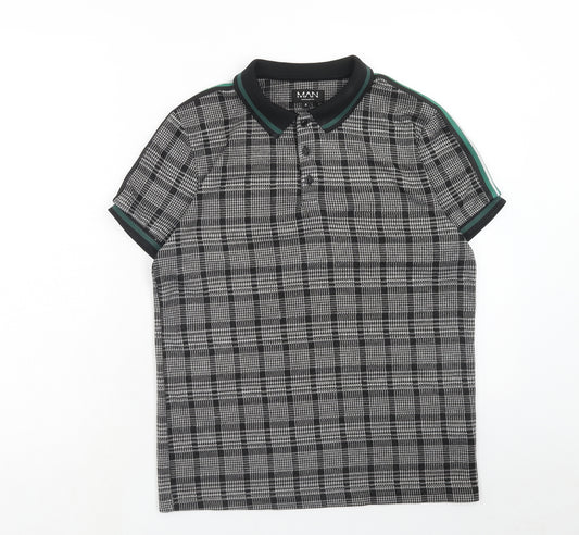 Boohoo Mens Grey Plaid Polyester Polo Size S Collared Button - Side Stripe Detail