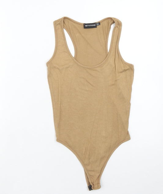 PRETTYLITTLETHING Womens Beige Viscose Bodysuit One-Piece Size 6 Snap
