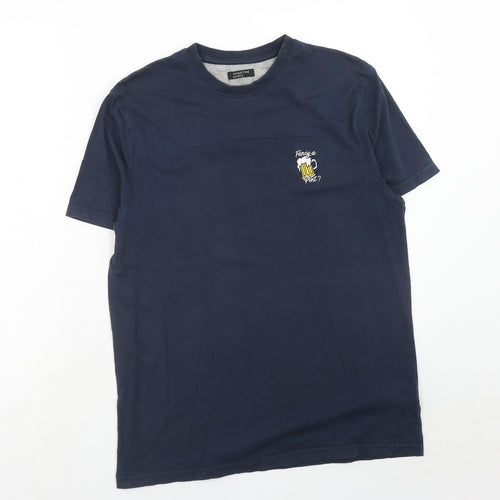 M&Co Mens Blue Cotton T-Shirt Size S Round Neck - Fancy A Pint? Size S/M