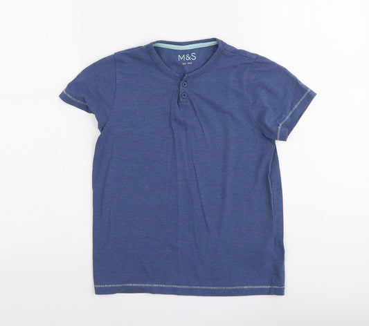 Marks and Spencer Boys Blue Cotton Basic T-Shirt Size 8-9 Years Henley Pullover
