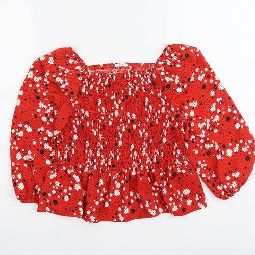 NEXT Girls Red Floral Polyester Basic Blouse Size 9 Years Square Neck Pullover