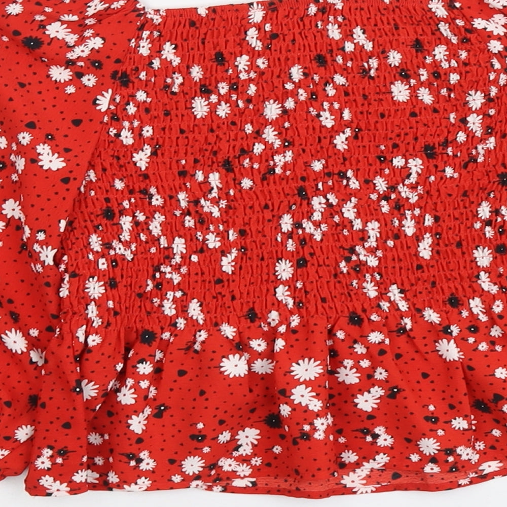 NEXT Girls Red Floral Polyester Basic Blouse Size 9 Years Square Neck Pullover