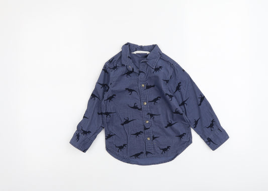 H&M Boys Blue Geometric Cotton Basic Button-Up Size 2 Years Collared Button - Dinosaur Print