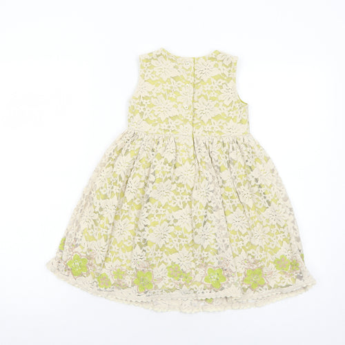 Marks and Spencer Girls Green Geometric Cotton Ball Gown Size 3-4 Years Round Neck Button - Flower Detail