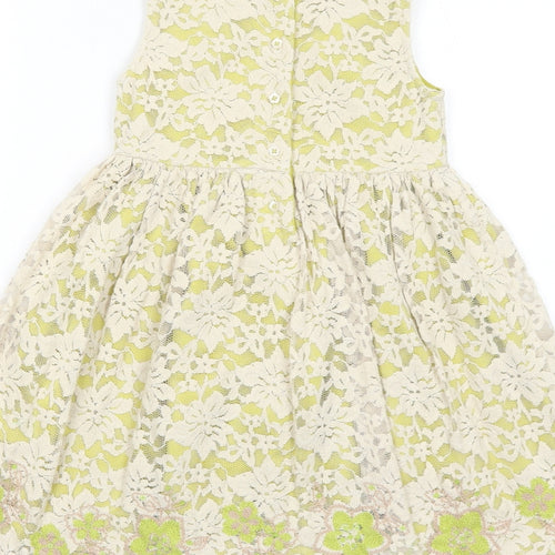 Marks and Spencer Girls Green Geometric Cotton Ball Gown Size 3-4 Years Round Neck Button - Flower Detail
