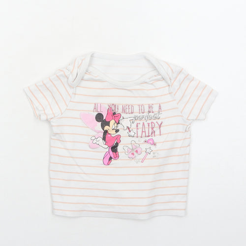 F&F Girls White Striped Cotton Basic T-Shirt Size 2-3 Years Round Neck Pullover - Minnie Mouse