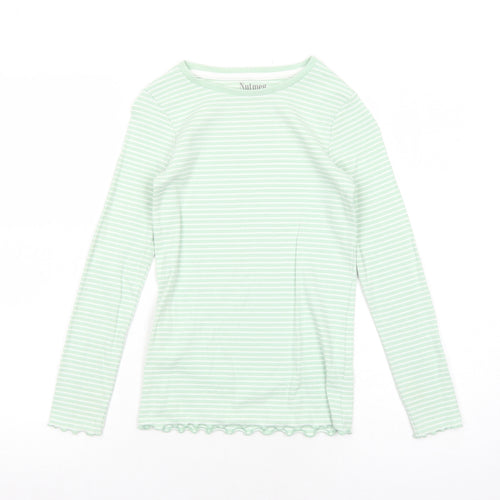 Nutmeg Girls Green Striped Cotton Basic T-Shirt Size 11-12 Years Round Neck Pullover - Lettuce Hem