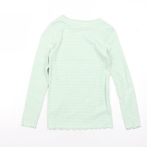 Nutmeg Girls Green Striped Cotton Basic T-Shirt Size 11-12 Years Round Neck Pullover - Lettuce Hem