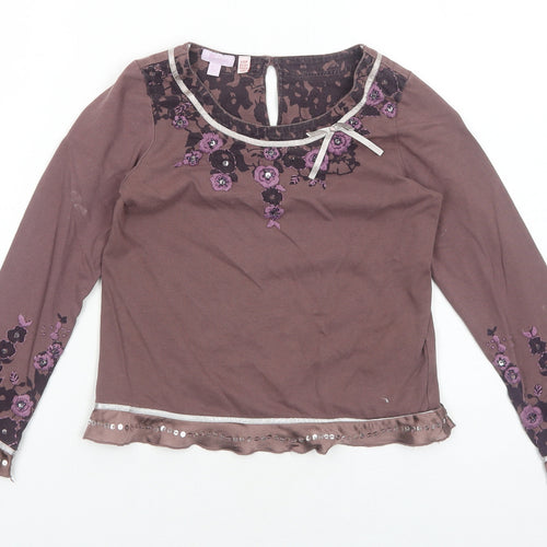 Monsoon Girls Brown Cotton Basic T-Shirt Size 6-7 Years Round Neck Button
