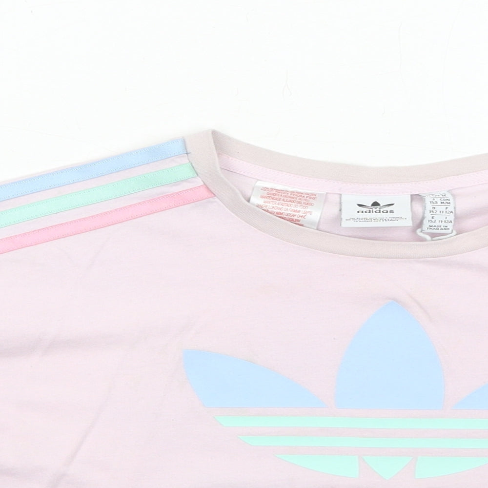 adidas Girls Pink Cotton Cropped T-Shirt Size 11-12 Years Round Neck Pullover