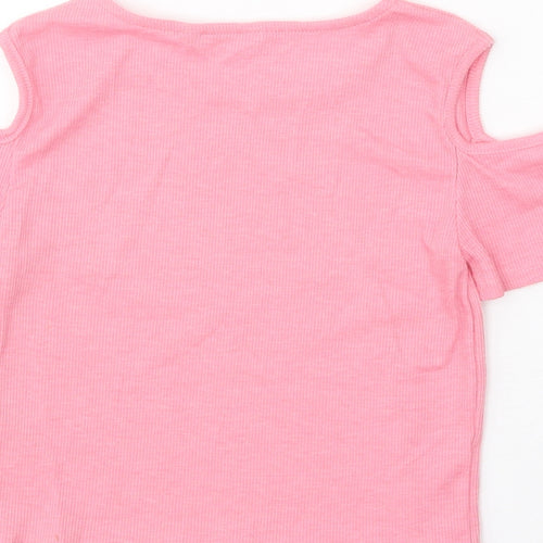 Primark Girls Pink Polyester Basic T-Shirt Size 9-10 Years Round Neck Pullover - Cold Shoulder