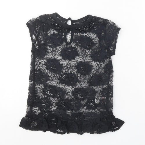 Matalan Girls Black Geometric Nylon Basic Blouse Size 4-5 Years Collared Button - Sheer