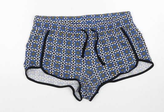 Topshop Womens Blue Geometric Polyester Sweat Shorts Size 10 Regular Drawstring