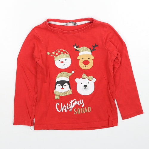 PEP&CO Girls Red Cotton Basic T-Shirt Size 2-3 Years Round Neck Pullover - Christmas Squad