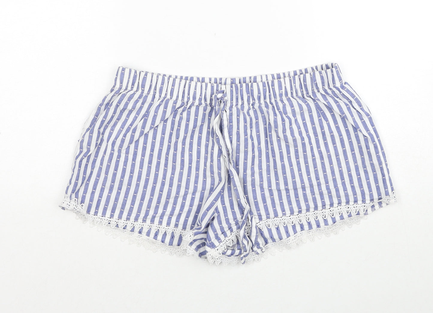 Primark Womens Blue Striped Cotton Basic Shorts Size 10 Regular Drawstring - Size 10-12, Lace Detail