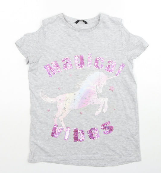 George Girls Grey Polyester Basic T-Shirt Size 12-13 Years Round Neck Pullover - Unicorn, Cold Shoulder