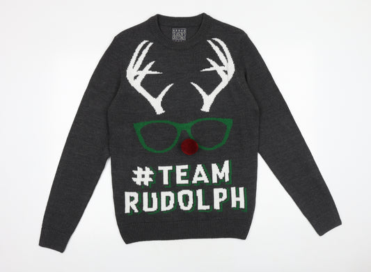 Preworn Mens Grey Round Neck Acrylic Pullover Jumper Size M Long Sleeve - #Team Rudolph Christmas