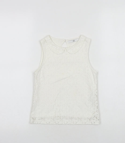Marks and Spencer Girls White Cotton Basic Tank Size 7-8 Years Collared Button