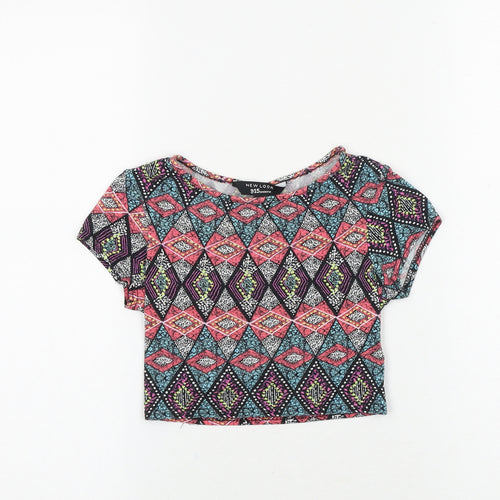 New Look Girls Multicoloured Geometric Viscose Cropped T-Shirt Size 9 Years Round Neck Pullover