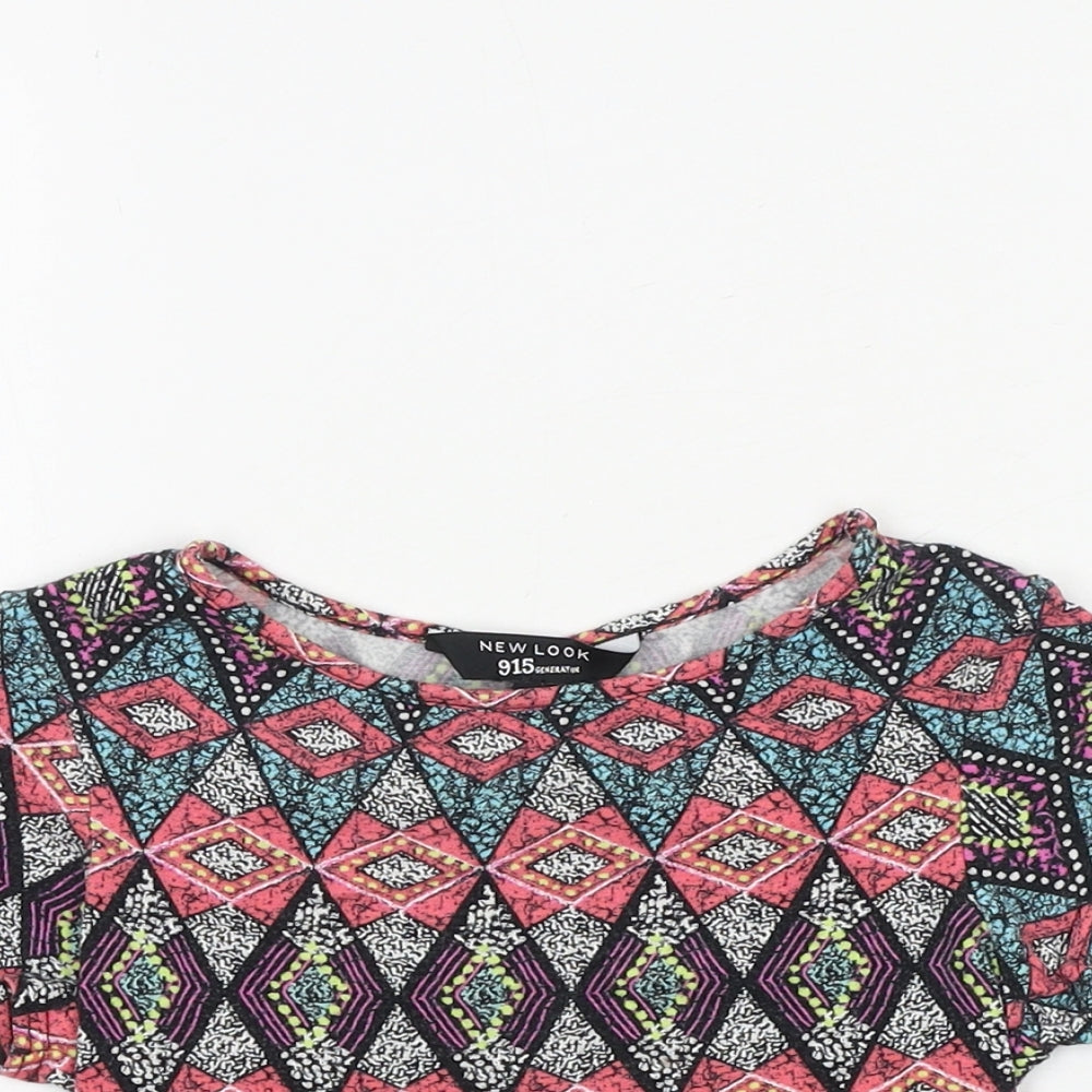 New Look Girls Multicoloured Geometric Viscose Cropped T-Shirt Size 9 Years Round Neck Pullover
