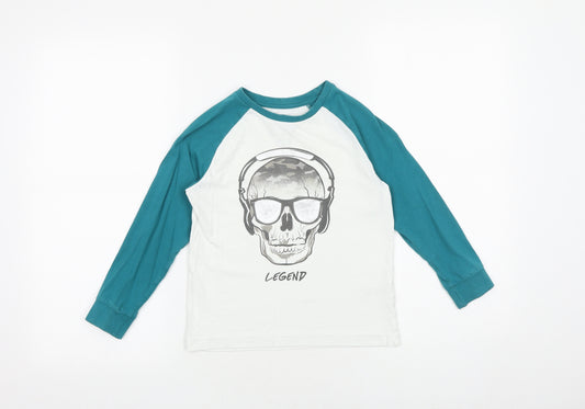 Matalan Boys White Colourblock 100% Cotton Pullover T-Shirt Size 8 Years Round Neck Pullover - Skull