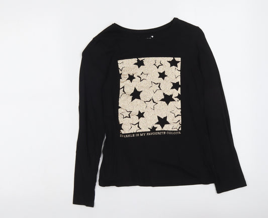 Primark Girls Black Cotton Basic T-Shirt Size 11-12 Years Round Neck Pullover - Star Print