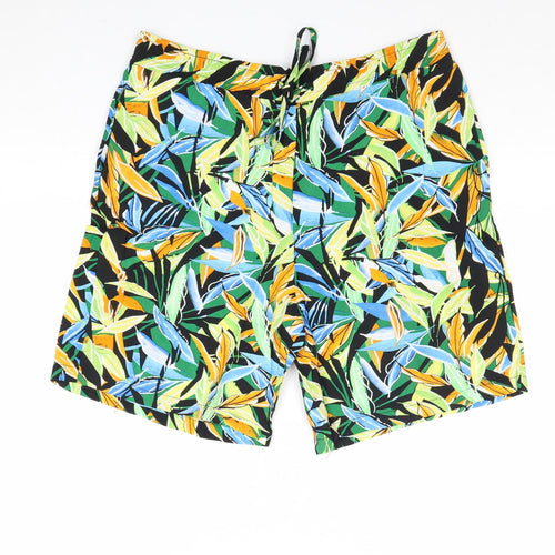 Classic Womens Multicoloured Geometric Viscose Sweat Shorts Size 14 Regular Drawstring - Leaf Print