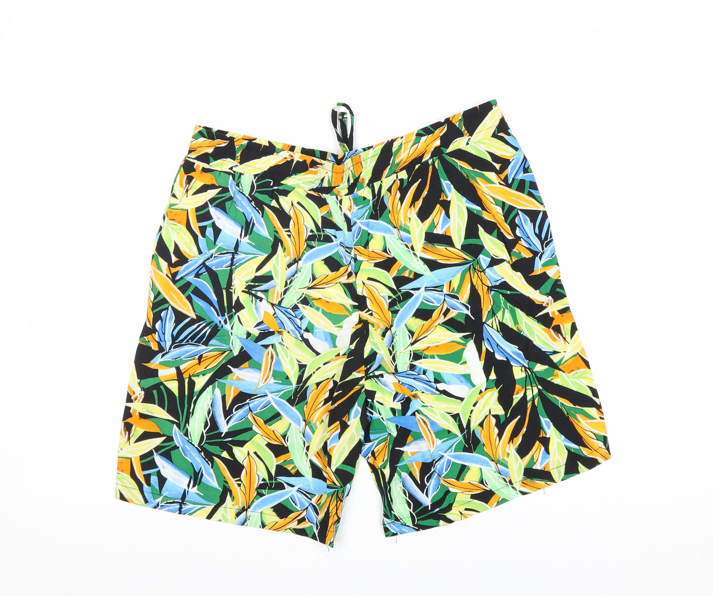 Classic Womens Multicoloured Geometric Viscose Sweat Shorts Size 14 Regular Drawstring - Leaf Print