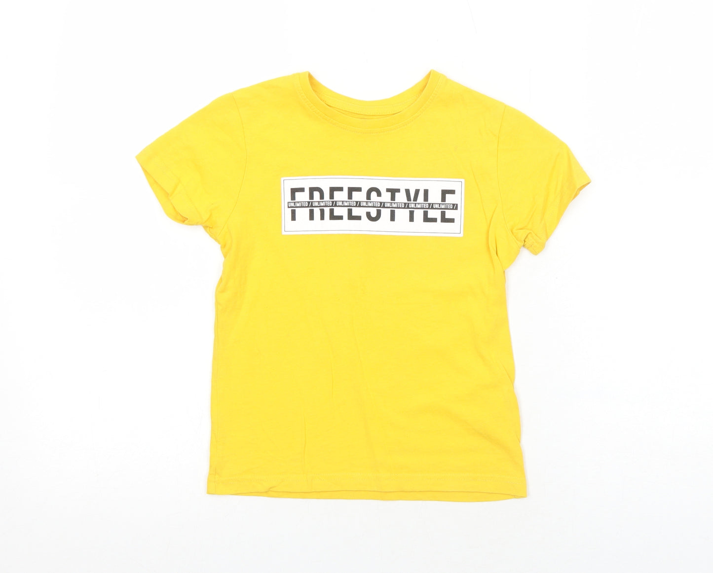 Primark Boys Yellow Cotton Basic T-Shirt Size 5-6 Years Round Neck Pullover - Freestyle