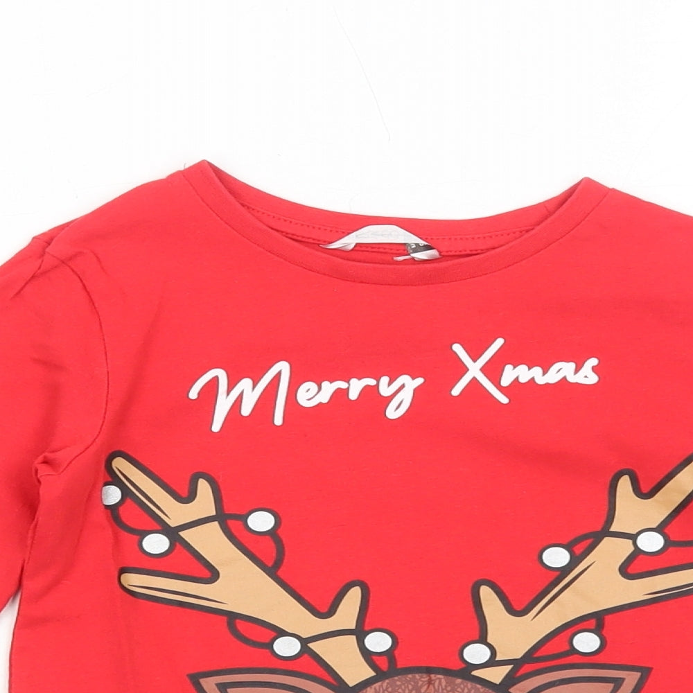 PEP&CO Girls Red Cotton Basic T-Shirt Size 4-5 Years Round Neck Pullover - Merry Xmas