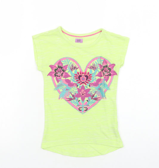 F&F Girls Green Viscose Basic T-Shirt Size 6-7 Years Round Neck Pullover - Birds and Flowers