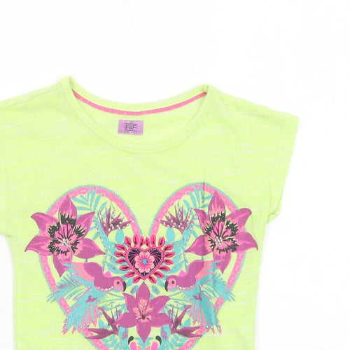 F&F Girls Green Viscose Basic T-Shirt Size 6-7 Years Round Neck Pullover - Birds and Flowers