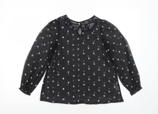 George Girls Black Geometric Polyester Basic Blouse Size 8-9 Years Collared Button