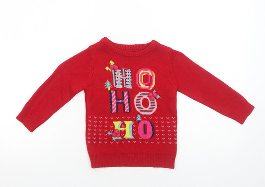 Nutmeg Girls Red Round Neck Acrylic Pullover Jumper Size 2-3 Years Pullover - HO HO HO Christmas