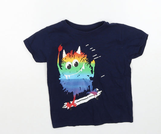 Primark Boys Blue Cotton Pullover T-Shirt Size 2-3 Years Round Neck Pullover - Cute Monster
