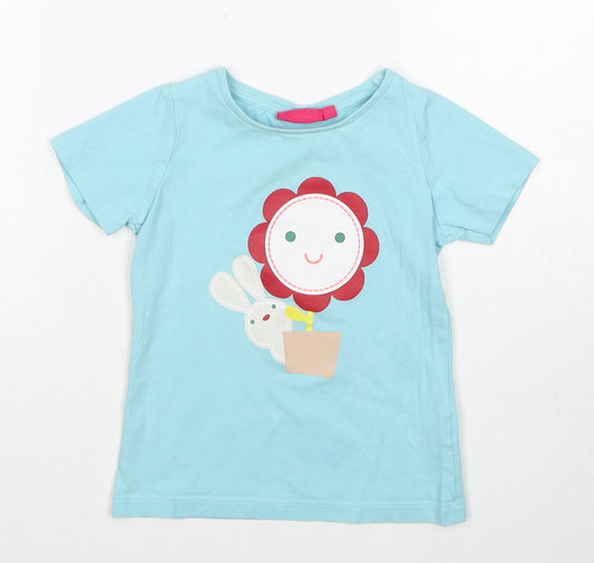 Avenue Girls Blue Cotton Basic T-Shirt Size 3-4 Years Round Neck Pullover - Flower and Bunny