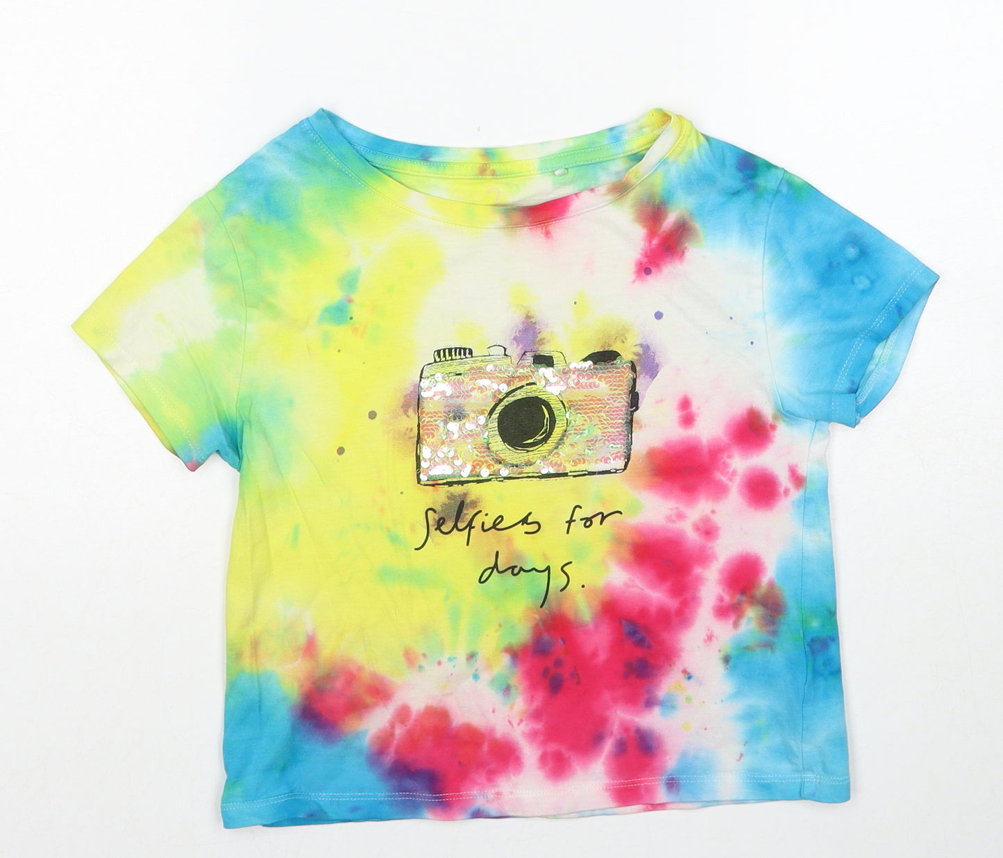 NEXT Girls Multicoloured Geometric Cotton Basic T-Shirt Size 7 Years Round Neck Pullover - Tie Dye Pattern, Selfies for Days