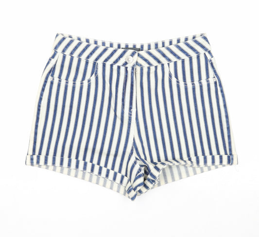 Papaya Womens Blue Striped Cotton Hot Pants Shorts Size 10 Regular Zip