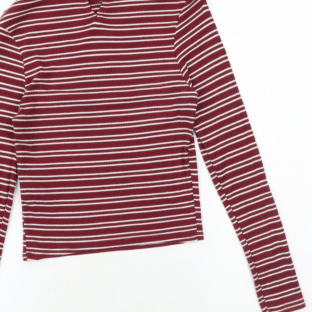 New Look Girls Red Striped Polyester Basic T-Shirt Size 14-15 Years Round Neck Button